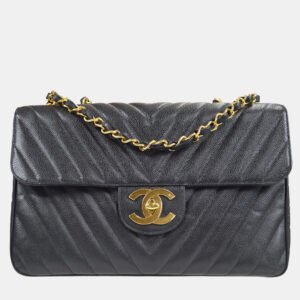 Chanel Black Calfskin Chevron Maxi Classic Flap Chain Shoulder Bag