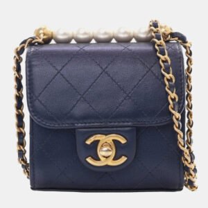 Chanel Navy Blue Mini Goatskin Chic Pearls Clutch On Chain