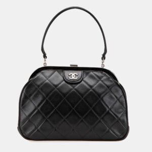Chanel Black CC Quilted Lambskin Kiss Lock Frame Top Handle Bag