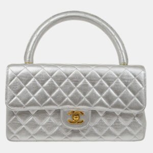 Chanel Silver Lambskin Quilted CC Top Handle Handbag