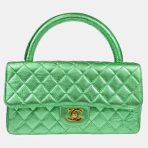 Chanel Metallic Green Lambskin Quilted CC Top Handle Handbag