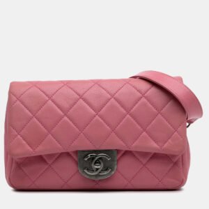 Chanel Pink Small Quilted Shiny Goatskin Double Carry Waist Chain Flap