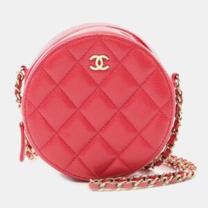 Chanel Red Quilted Caviar Round Clutch With Chain