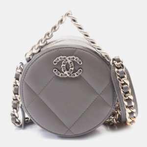 Chanel Grey Shiny Quilted Goatskin Chanel 19 Round Clutch With Chain