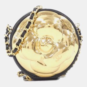 Chanel Camellia Round Black Leather and Gold Metal Clutch Bag