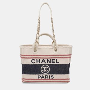 Chanel Shopping Deauville Ecru Red Blue Cotton Leather Tote Bag