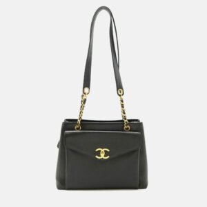 Chanel Front Pocket Black Caviar Skin Leather Tote Bag