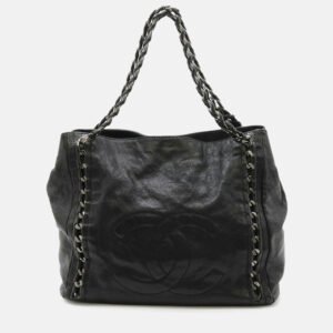 Chanel Luxury Line Black Leather Caviar Skin Chain Tote Bag