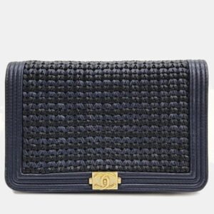 Chanel Blue/Gold Woven Leather New Boy Wallet On Chain