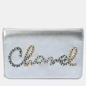 Chanel Silver Leather Written In Chain Wallet On Chain