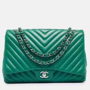 Chanel Green Chevron Leather Maxi Classic Single Flap Bag