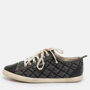 Chanel Grey/Black Quilted Pattern Leather Trim Embellishment Sneakers Size 38