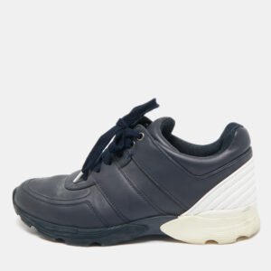 Chanel Navy Blue/White Leather Lace Up Sneakers Size 39.5