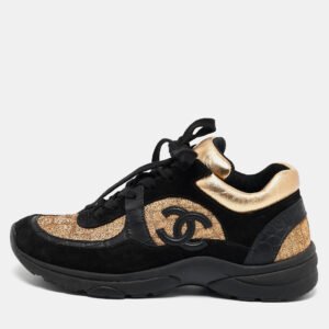 Chanel Gold/Black Fabric and Suede CC Low Top Sneakers Size 36
