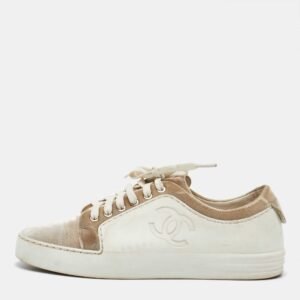 Chanel White/Cream Rubber and Velvet CC Low Top Sneakers Size 36