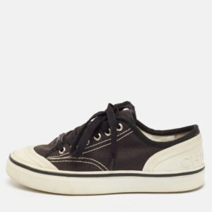 Chanel Black Canvas CC Cap Top Lace Up Sneakers Size 38