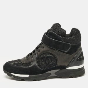 Chanel Black Tweed, Suede and Leather CC High Top Sneakers Size 38