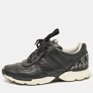 Chanel Black Leather Lace Up Sneakers Size 37.5