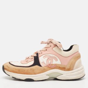 Chanel Multicolor Fabric and Leather CC Lace Up Sneakers Size 37.5