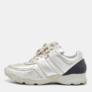 Chanel Silver/Black Leather CC Low Top Sneakers Size 37