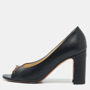 Chanel Black Leather Chain Trim Peep Toe Block Heel  Pumps Size 37