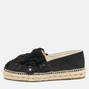 Chanel Black Nubuck Leather CC Camelia Applique Espadrille Flats Size 39