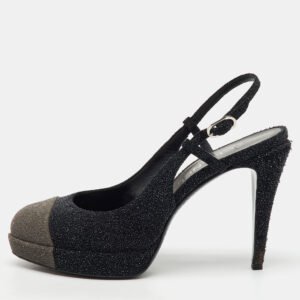 Chanel Black/Grey Glitter CC Cap Toe Slingback Platform Pumps Size 39.5