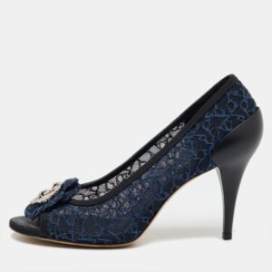 Chanel Navy Blue Lace CC Camellia Crystal Embellished Open Toe Pumps Size 39