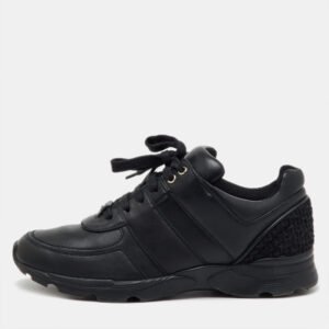 chanel black leather and tweed cc low top sneakers size 41