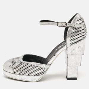 Chanel Silver Laser Cut Leather CC Platform Ankle Strap Pumps Size 38.5