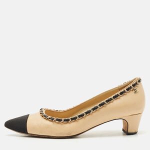 Chanel Beige/Black Leather Cap Toe Ballet Pumps Size 36