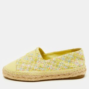 Chanel Yellow Leather and Tweed CC Cap Toe Espadrille Flats Size 36