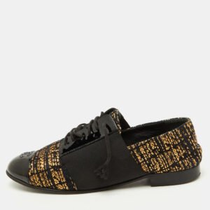 Chanel Black/Gold Tweed and Patent CC Cap Toe Lace Up Derby Size 39.5