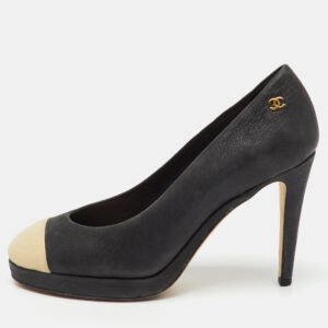 Chanel Black/Beige Nubuck Leather CC Cap Toe Platform Pumps Size 37.5