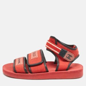 Chanel Red/Black Fabric and Leather Coco Chanel Strap Flat Sandals Size 37