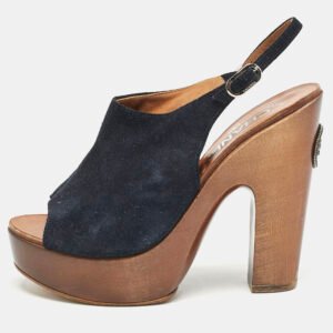 Chanel Navy Blue Suede Slingback Clogs Size 38