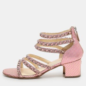 Chanel Pink Dot Print Leather Chain Strappy Sandals Size 36.5