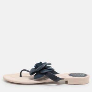 Chanel Navy Blue/Beige Rubber Camellia Thong Flats Size 37