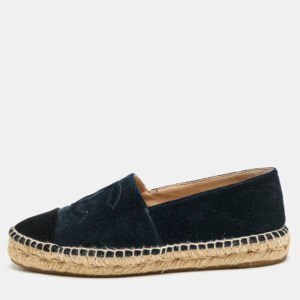 Chanel Navy Blue/Black Velvet CC Cap Toe Espadrille Flats Size 37