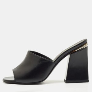 chanel black leather pearl embellished slide sandals size 40