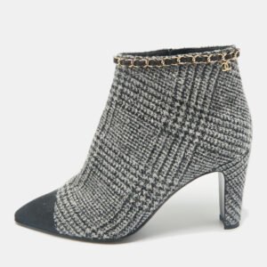 Chanel Black/White Plaid Check Tweed Pointed Cap Toe Ankle Boots Size 37.5