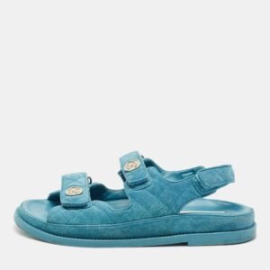 Chanel Blue Quilted Suede Dad Flat Sandals Size 38.5