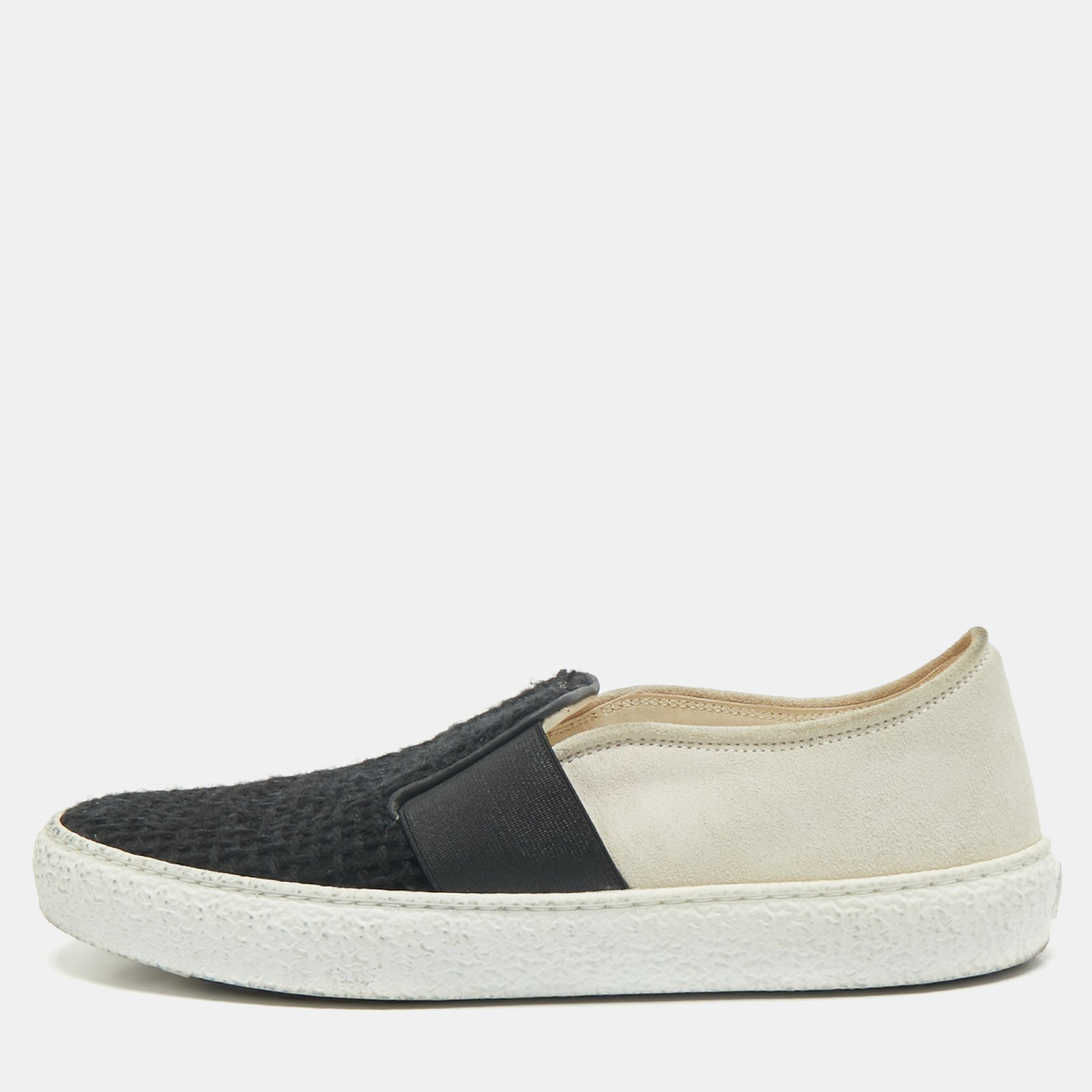 Chanel Black/Off White Tweed and Suede Slip On Sneakers Size 37