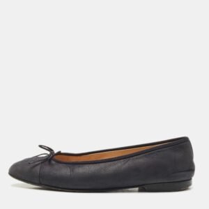 Chanel Black Leather CC Cap Toe Bow Ballet Flats Size 39