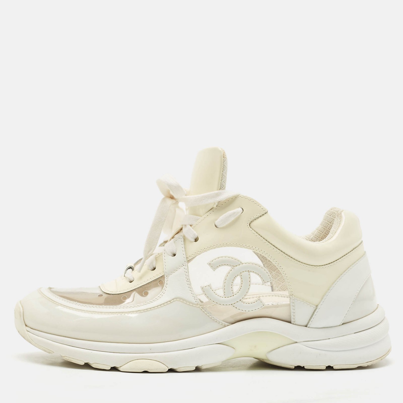 Chanel Grey/Cream Leather and PVC CC Low Top Sneakers Size 41
