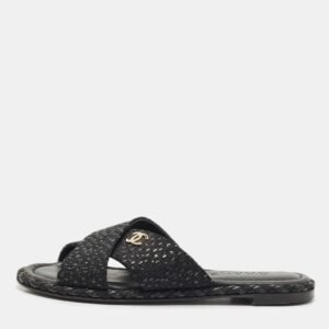 Chanel Black Glitter Fabric Crisscross CC Flat Slide Flats Size 35