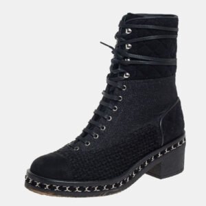 Chanel Black Tweed And Suede  Combat Boots Size 39