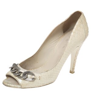 Chanel Cream Python Leather CC Chain Detail Peep Toe Pumps Size 39.5