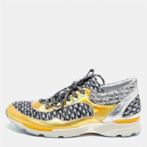 Chanel Gold/Grey Leather And Tweed CC Low-Top Sneakers Size 41