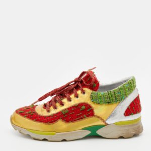 Chanel Multicolor Tweed Fabric And Leather CC Lace Up Sneakers Size 40